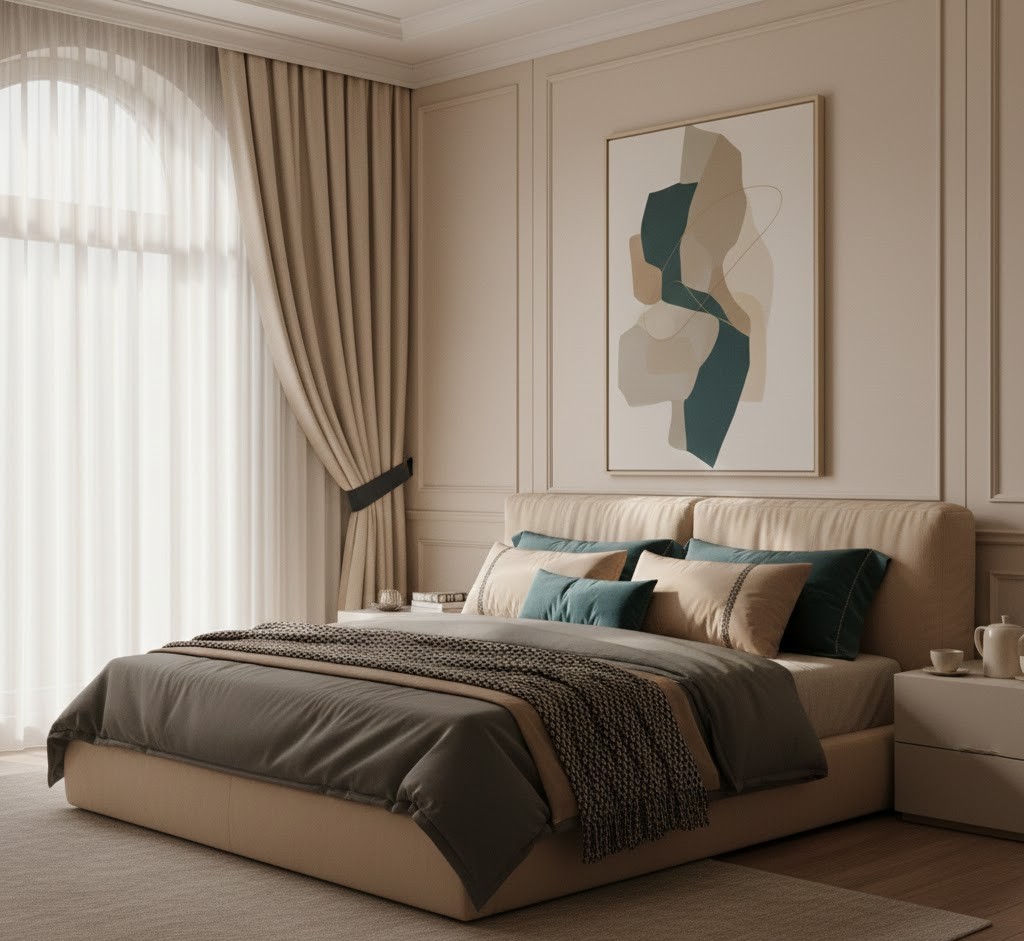 Elegant bedroom with silk drapes