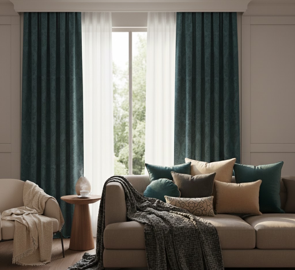 Cozy living area with velvet cushions